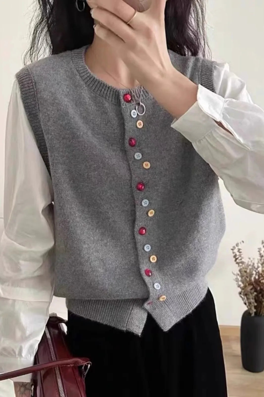 European goods color button cashmere knit vest cardigan women spring and autumn new round neck sleeveless sweater vest