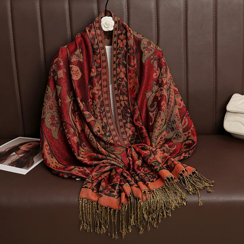 Paisley Floral Print Long Scarf with Fringed Ends