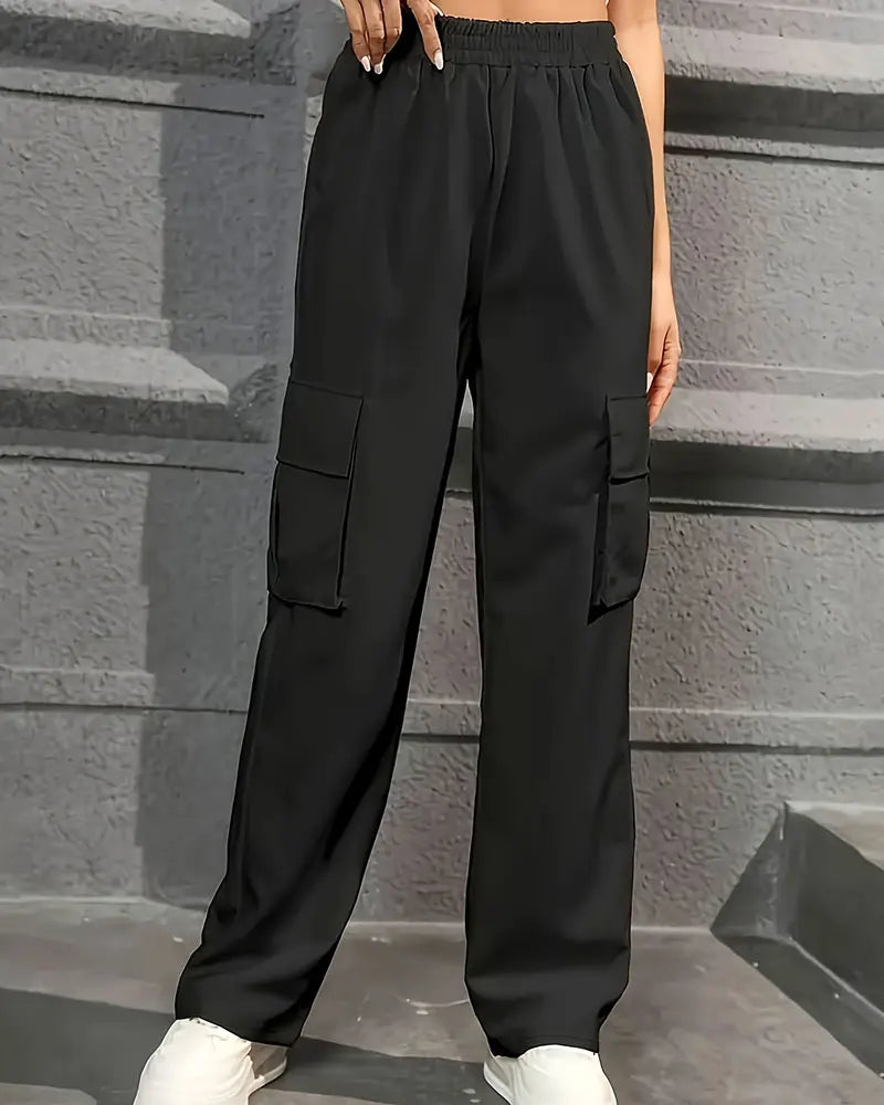 Women's Wide Leg Cargo Pants with Elastic Waist and Flap Pockets