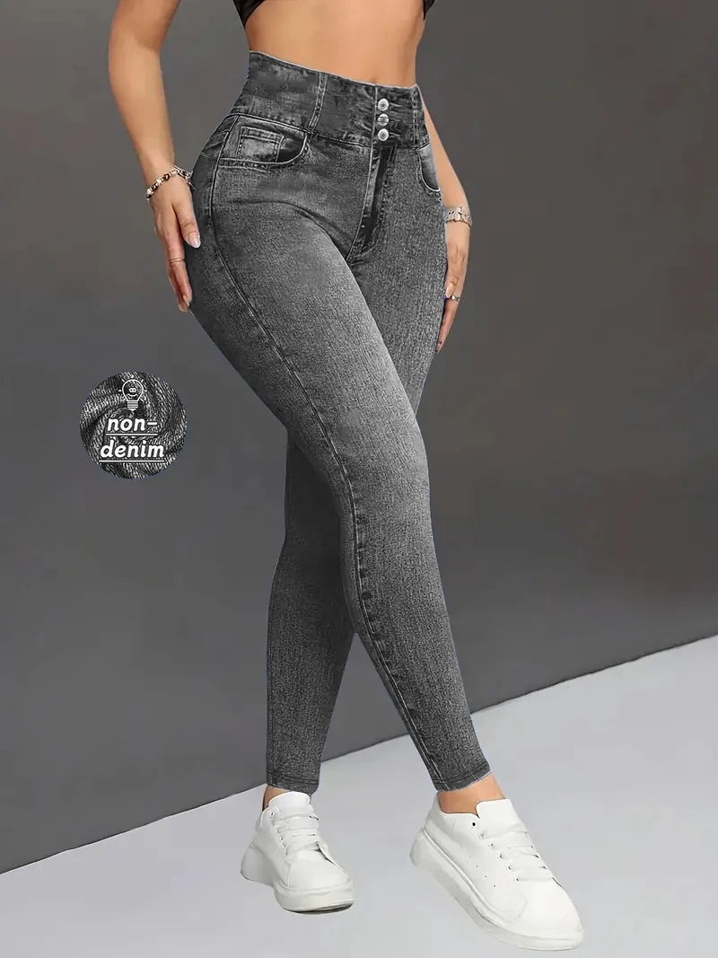 Women's High-Waist Denim-Print Stretch Ankle-Length Leggings