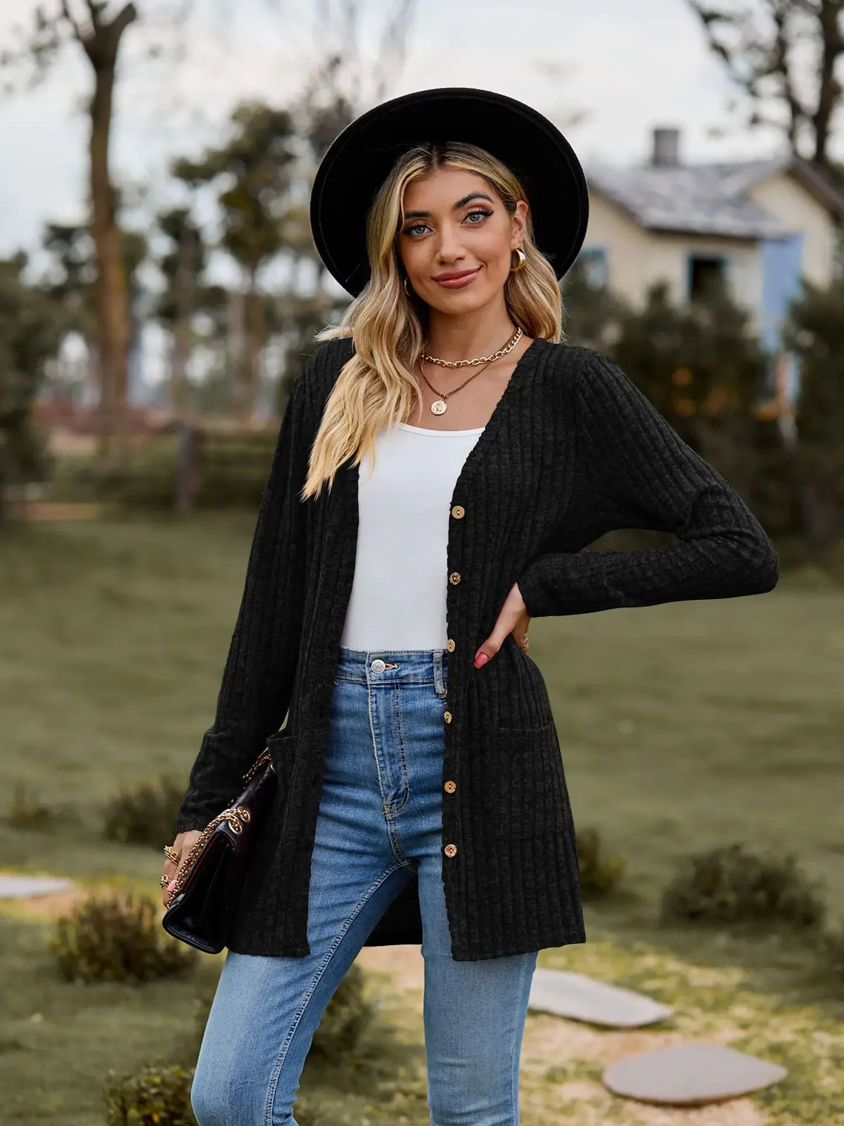 Women's Long Ribbed Button Front Cardigan Casual Knit Layer