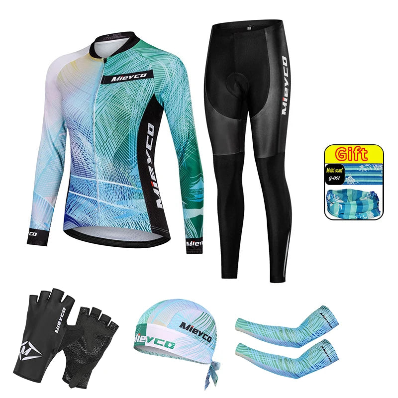 Women Long Sleeve Cycling Jersey Set MTB Bike Pants Kit Breathable Sportswear