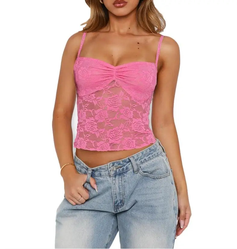 Women's Ruched Front Polyester Blend Lace Camisole with Thin Shoulder Straps