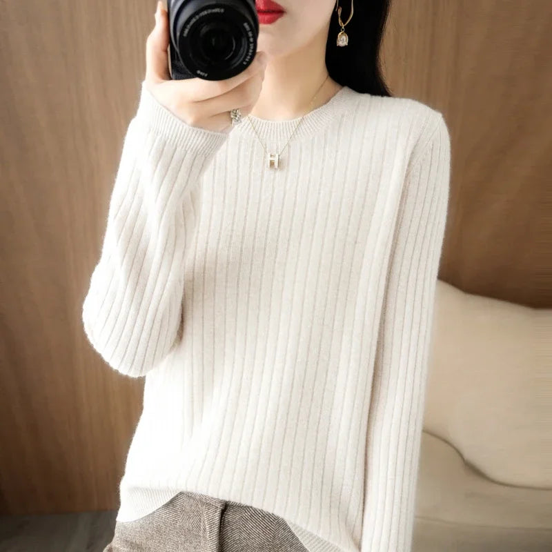 Women's Ribbed Crew Neck Long Sleeve Sweater Casual Knit Layer
