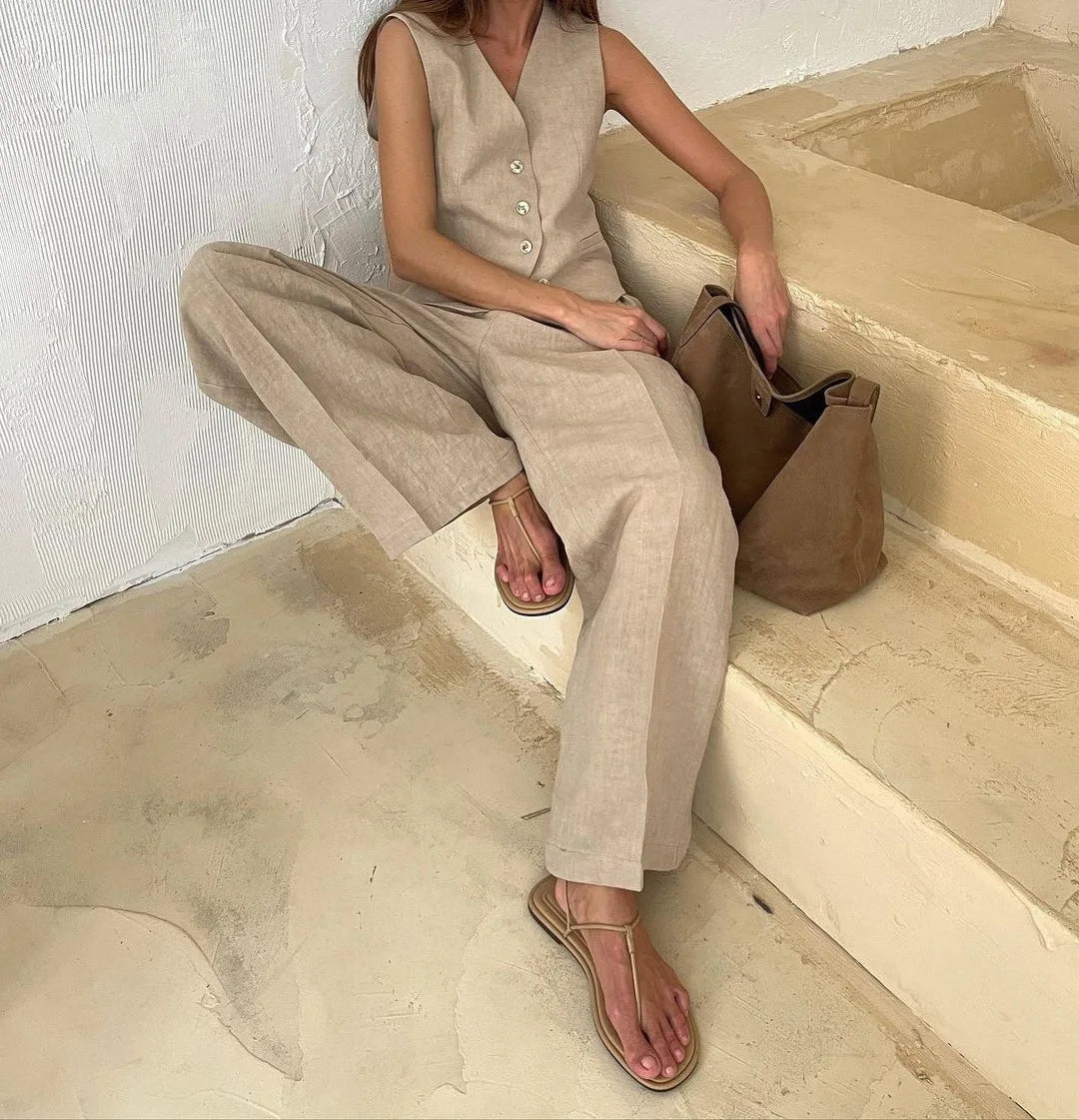 Women's Button Front Vest and Wide Leg Pants Set