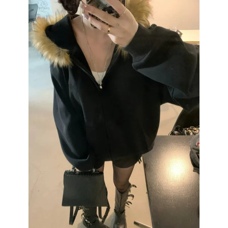 Fluffy Trim Long Sleeve Full Zip Casual Hoodie