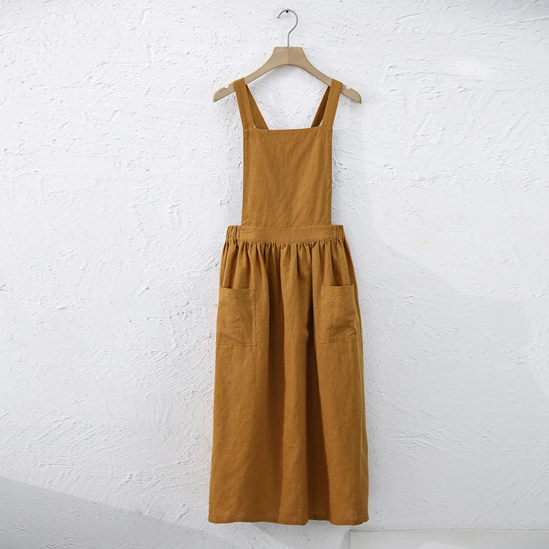 Women's Cotton-Linen Sleeveless Square-Neck A-Line Midi Dress with Pockets for Casual Outfits