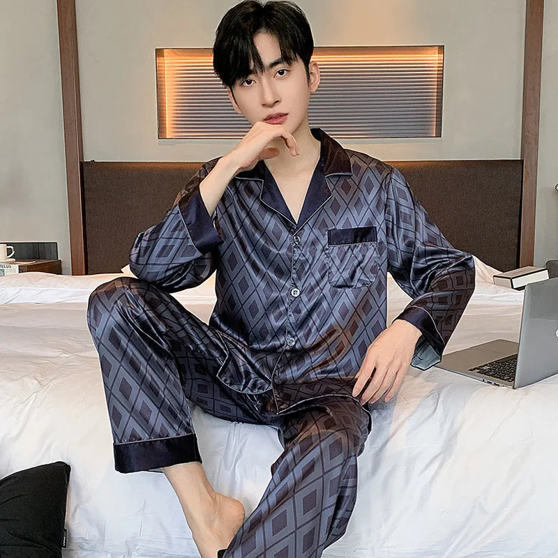 Men's Printed Lapel Button Front Shirt and Pants Pajama Set