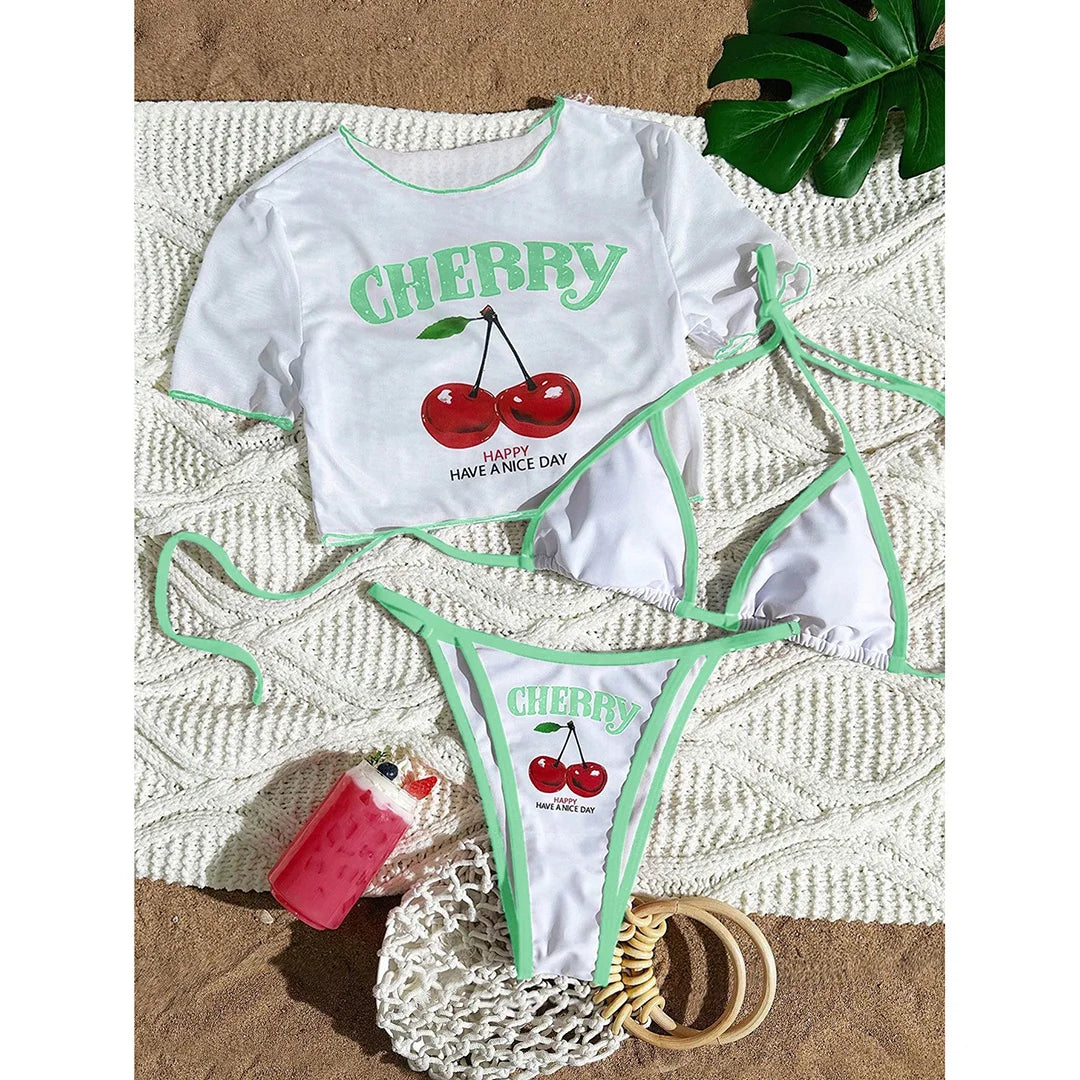 Cherry Print Bikini with Short Sleeve Cover-Up