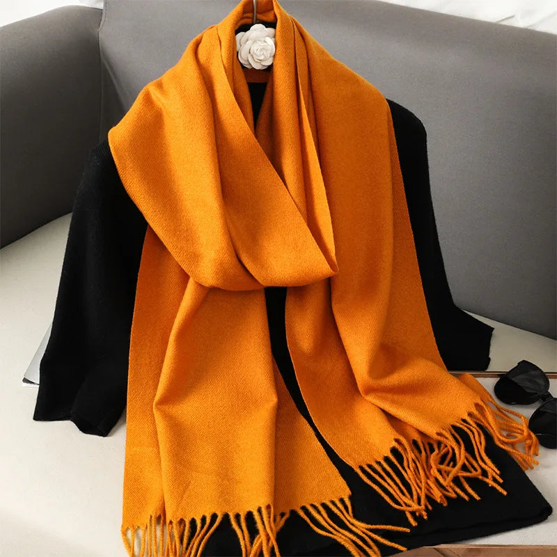 Solid Long Rectangular Scarf with Decorative Fringe Trim