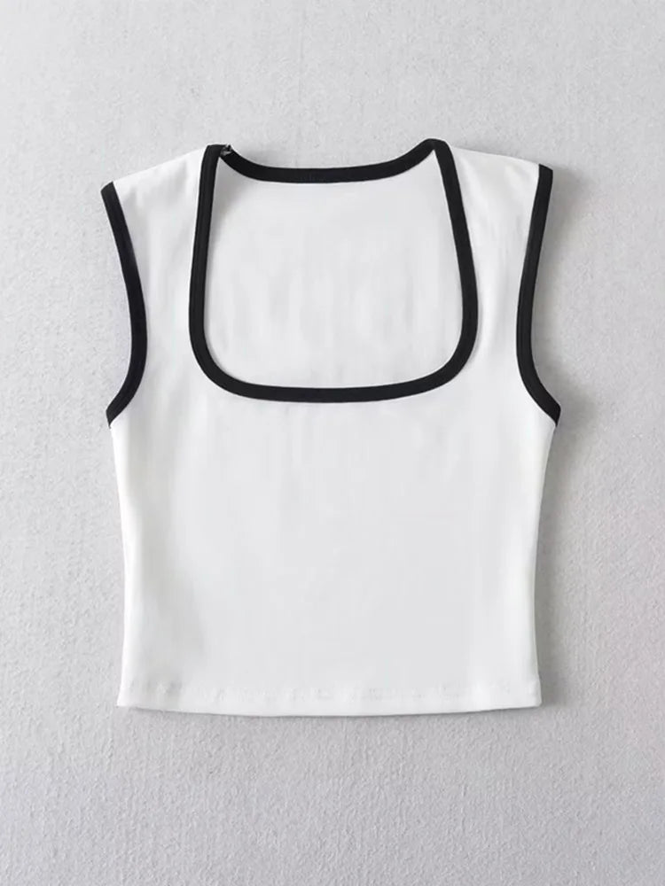 Women's Square Neck Crop Top with Contrast Trim and Cropped Length