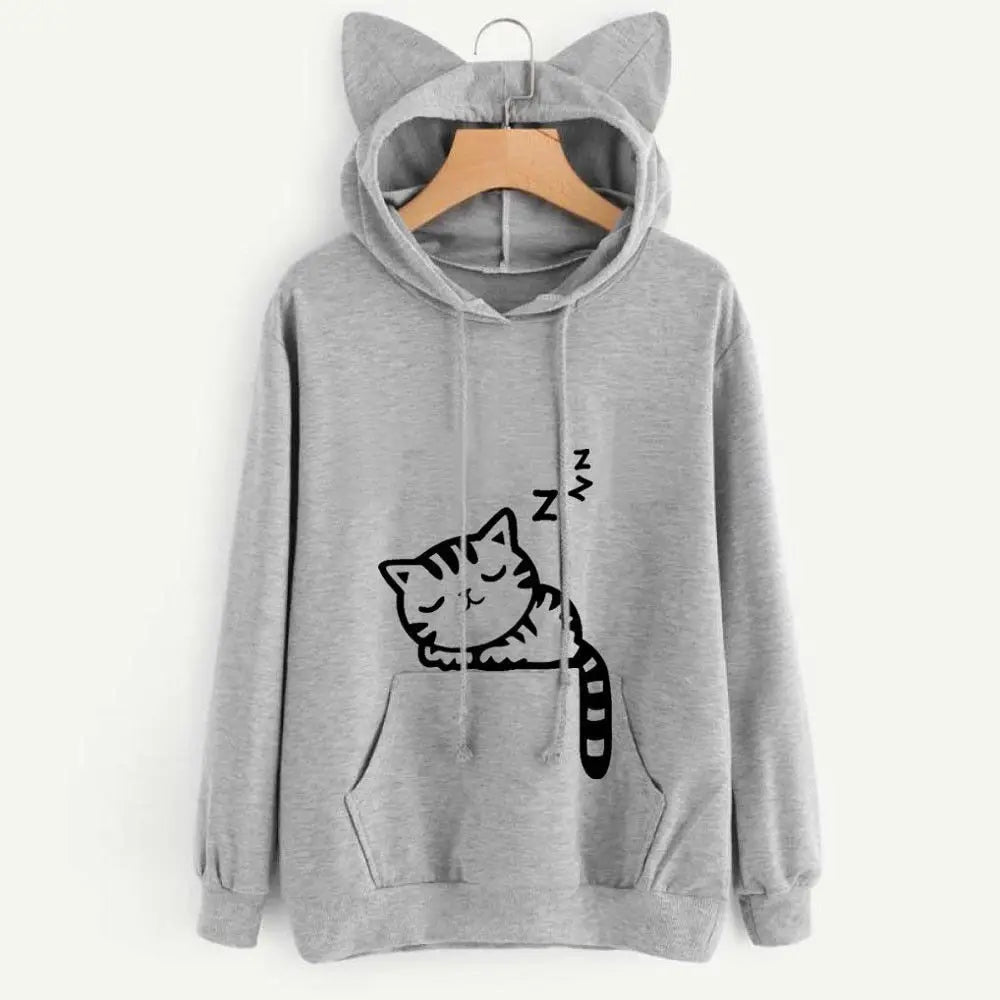 Cat Graphic Long Sleeve Pullover Casual Hoodie for Layering