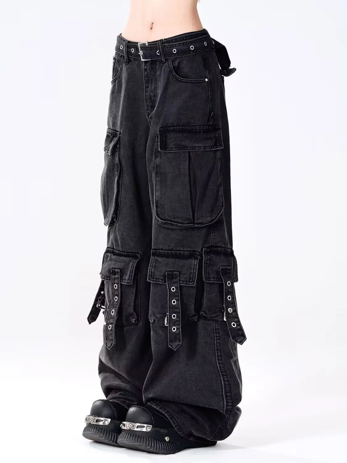 Women's Cargo Pants with Washed Look and Strap Pocket Details