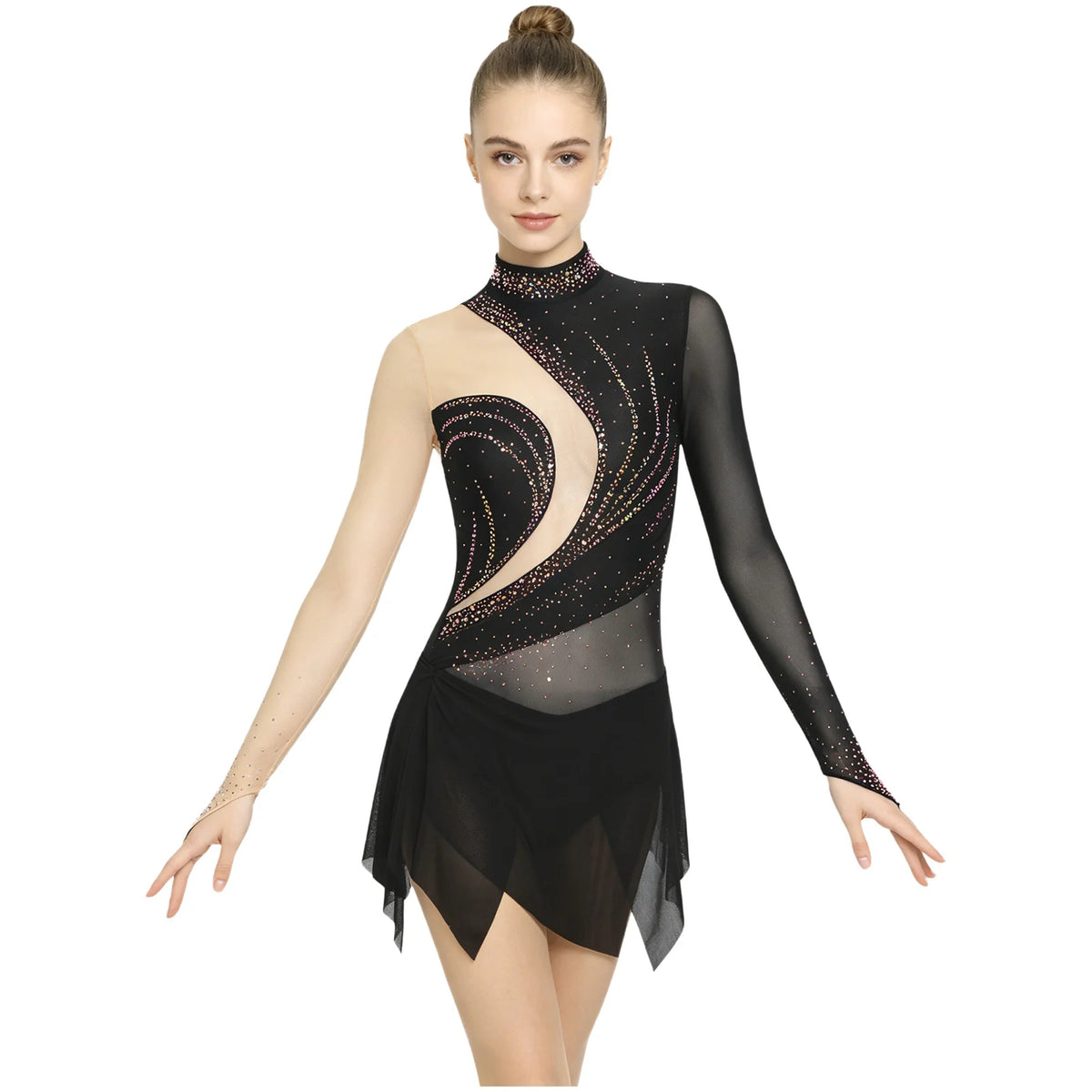 Women's Long Sleeve Rhinestone Dance Dress with Mesh and Open Back