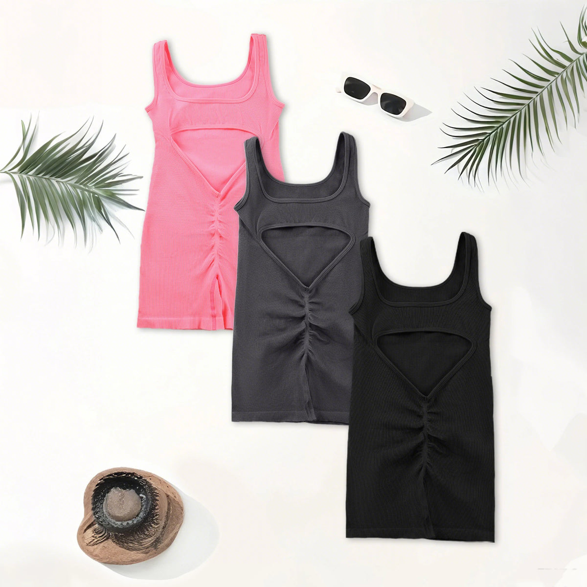 Women's Open Back Nylon Blend Workout Romper with Tank Neckline and Short Legs
