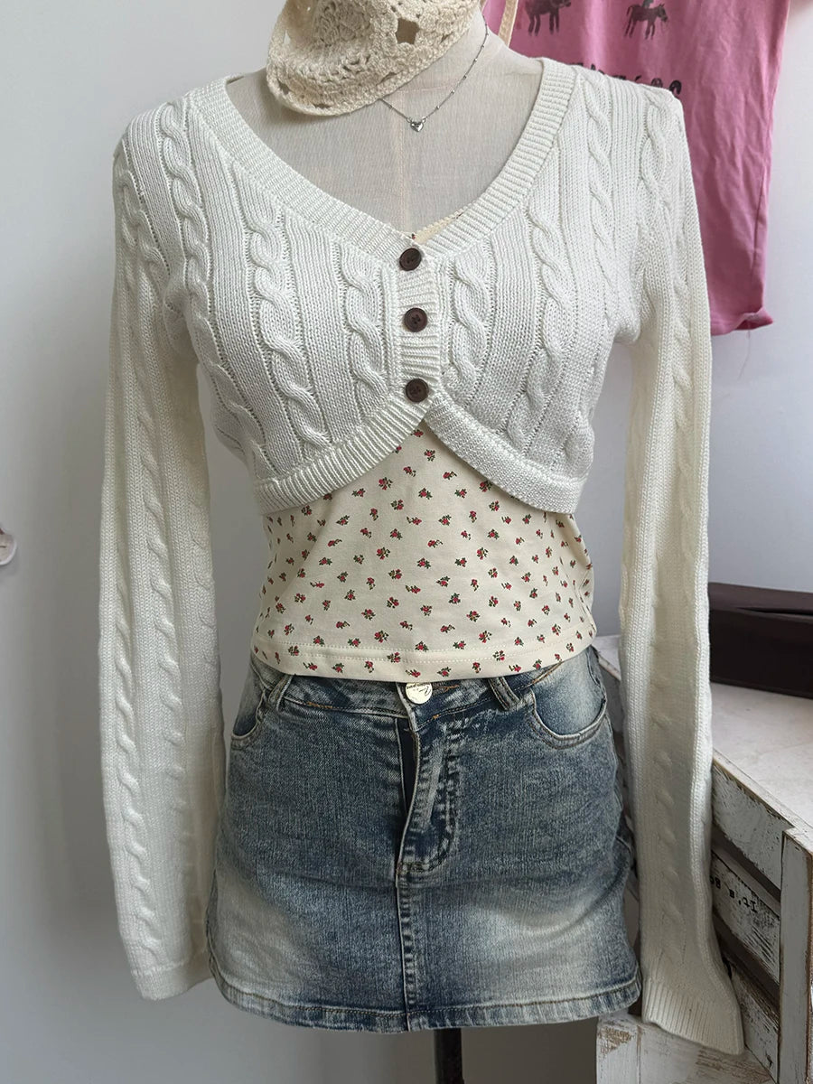 Women's Cropped V Neck Button Front Cardigan Casual Knit Layer