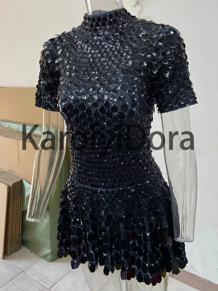 Women's Disc Sequin Mini Dance Dress with Short Sleeves and High Neck