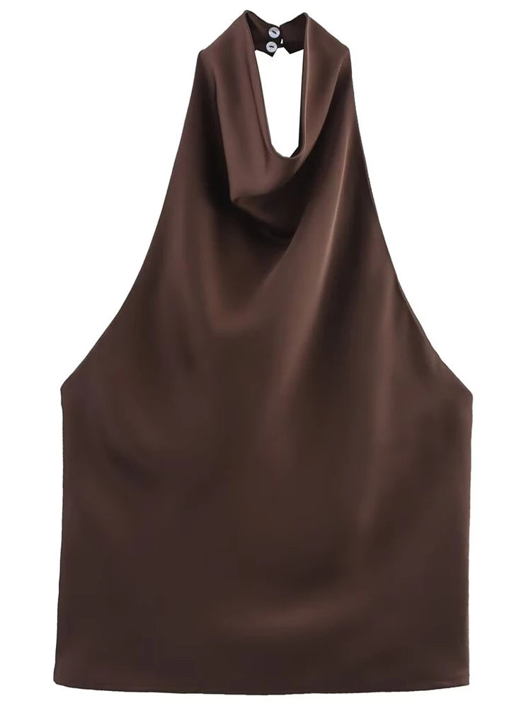 Women's Satin Polyester Halter Camisole with a Draped Front and Open Back