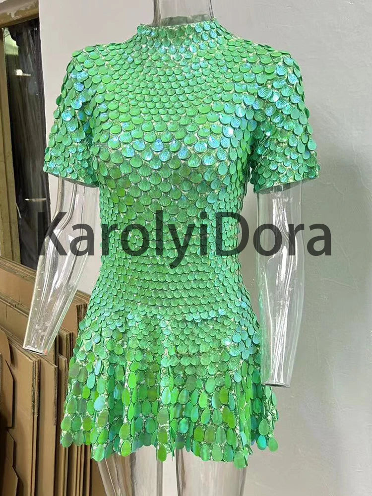 Women's Disc Sequin Mini Dance Dress with Short Sleeves and High Neck