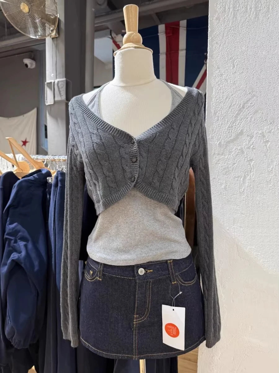 Women's Cropped V Neck Button Front Cardigan Casual Knit Layer