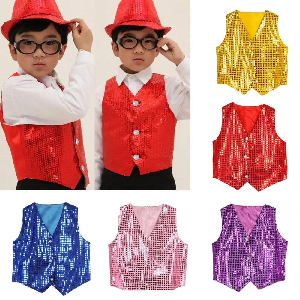Children's Sequin Sleeveless Button Front Dance Performance Waistcoat Vest