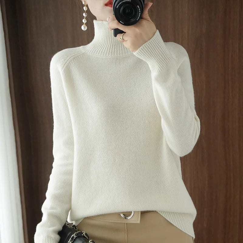 Women's Plain Ribbed Roll Neck Sweater Casual Knit Layer