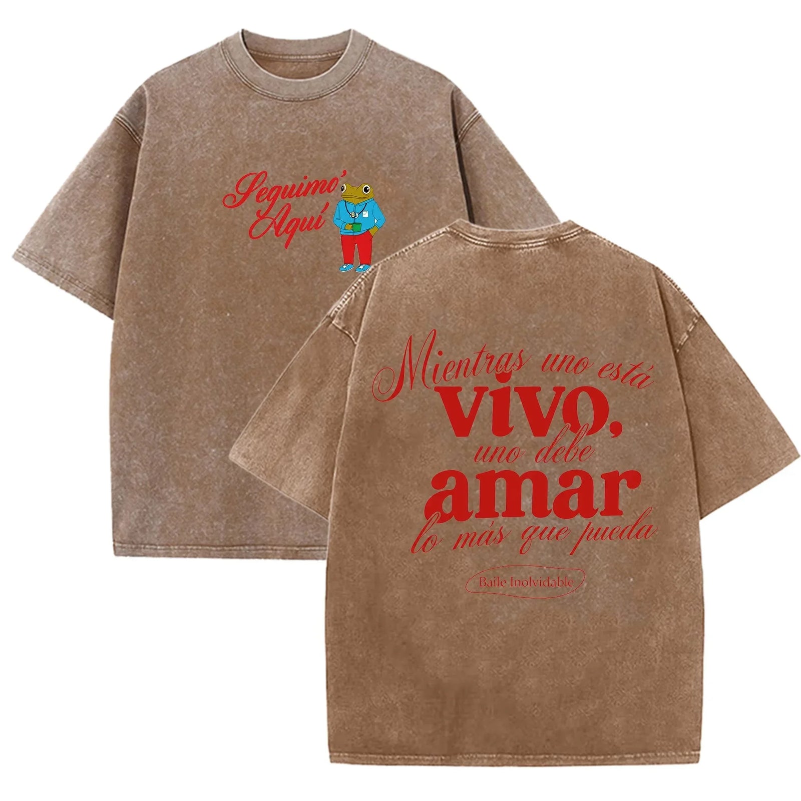 Vintage Washed Black Seguimo Aqui Frog Spanish Slogan Front Back Print Casual T Shirt
