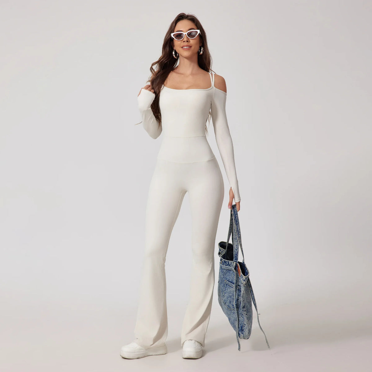 Women's Cold Shoulder Nylon Blend Workout Jumpsuit with Long Sleeves and Flared Legs