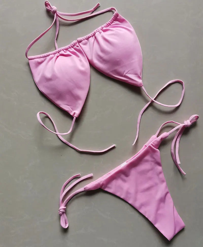 Women's Tie String Triangle Bikini Top and Thong Set