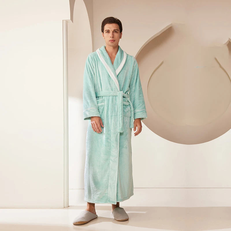 Long Flannel Fleece Tie Waist Bathrobe with Pockets
