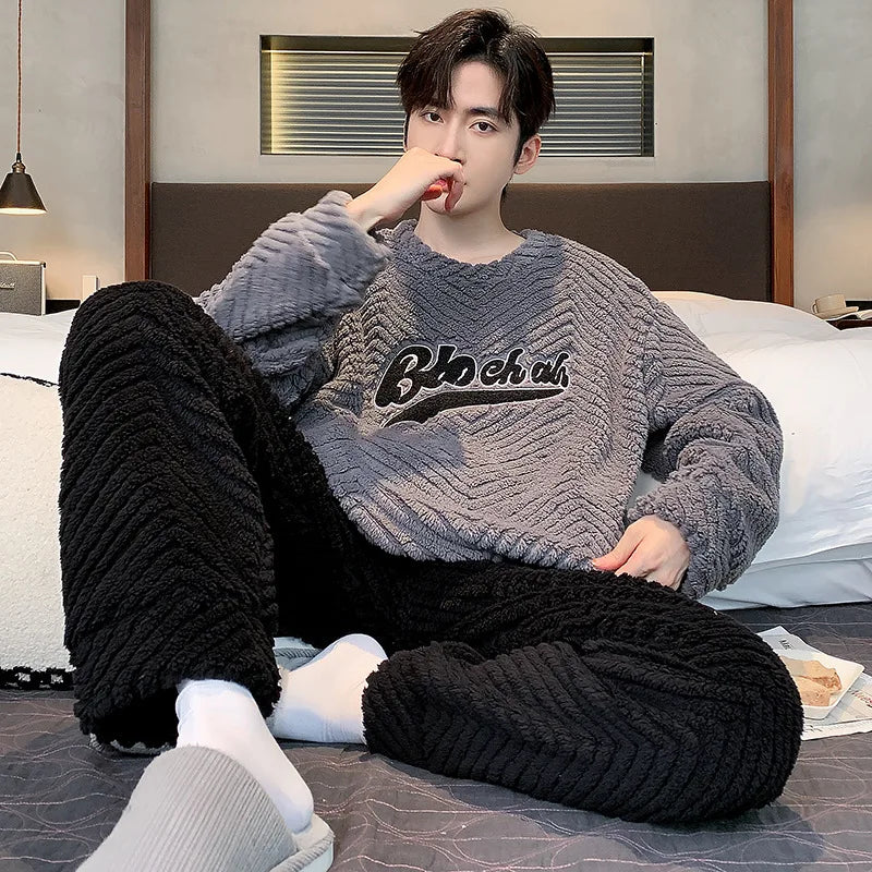 Men's Textured Long Sleeve Top and Pants Pajama Set