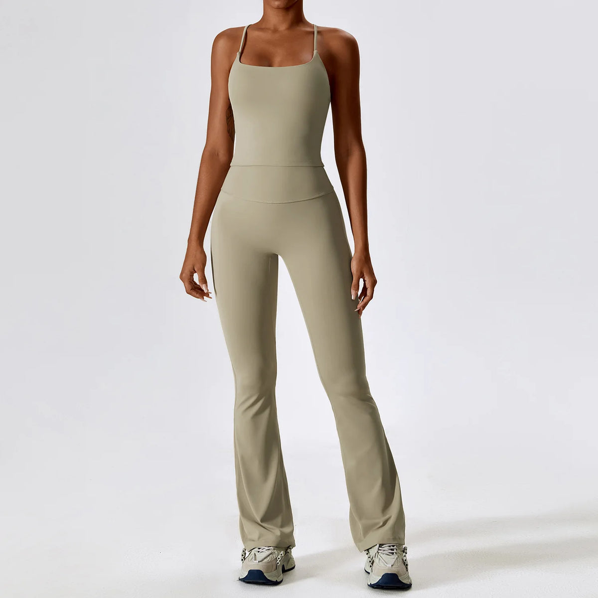 Women's Crop Top Sleeve Layer And Flared Pants Yoga Set