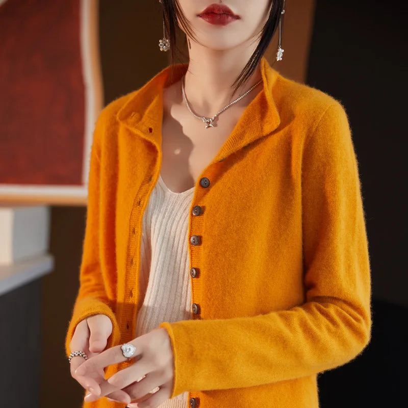 Women's Wool Solid Long-Sleeve Button-Front Knit Cardigan for Autumn Winter Layered Outfits