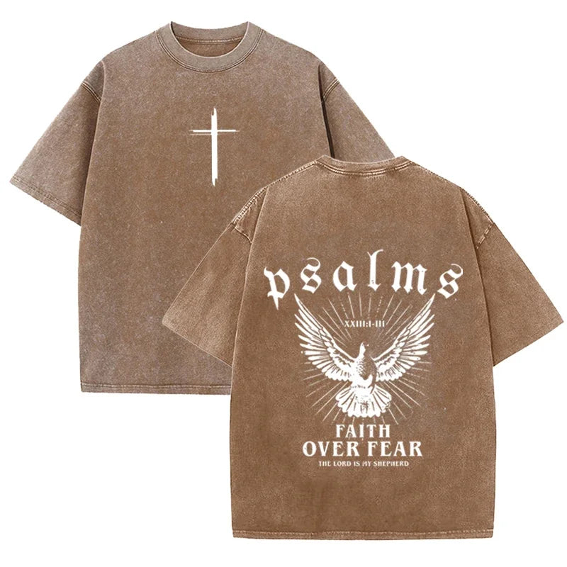 Retro Faith Over Fear T Shirt Psalms Dove Print Casual Washed Religious Streetwear