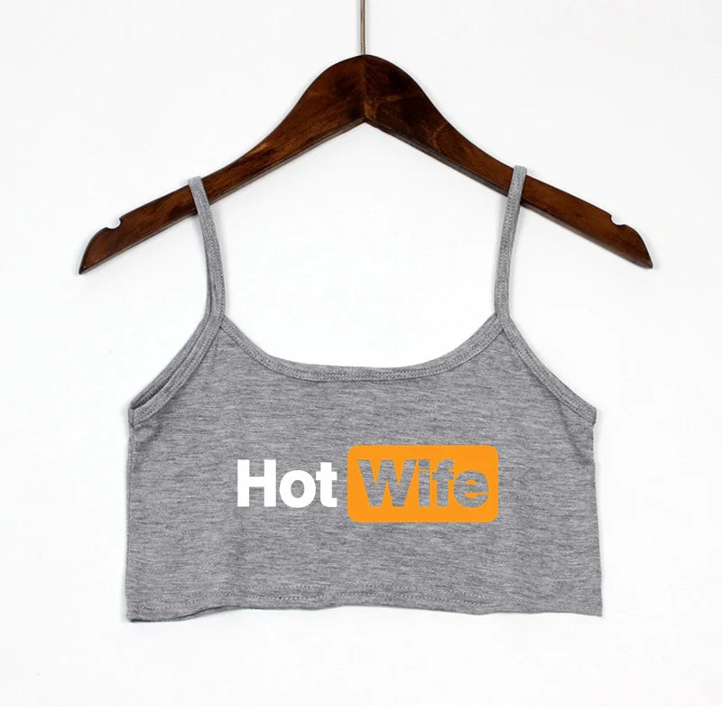 Women's Hot Wife Letter Print Cropped Camisole with Thin Shoulder Straps