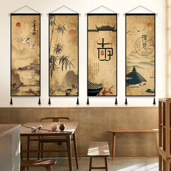 Chinese Style Buddhist Zen Wall Art Poster Ink Painting Landscape Canvas Painting Living Room Wood Scroll Wall Hanging Decor