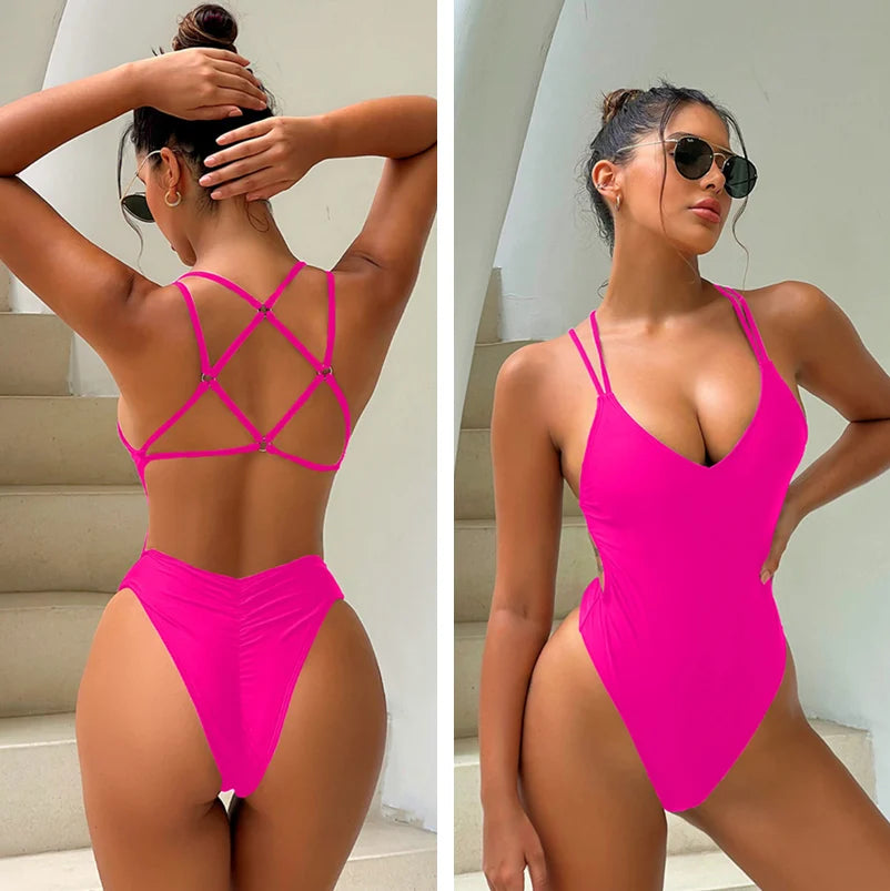 Women's Strappy Cross Back Plunge Neck One Piece Swimsuit