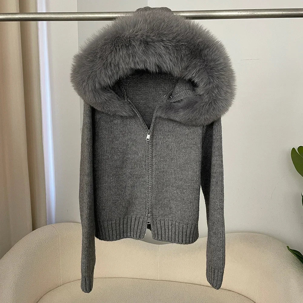 Women's Hooded Zip Front Fluffy Trim Jacket Casual Knit Layer