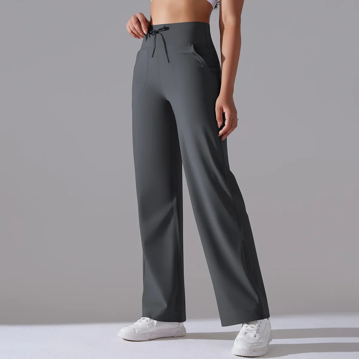 Women's Drawstring Waist Nylon Blend Wide Leg Pants with Extended Length Options