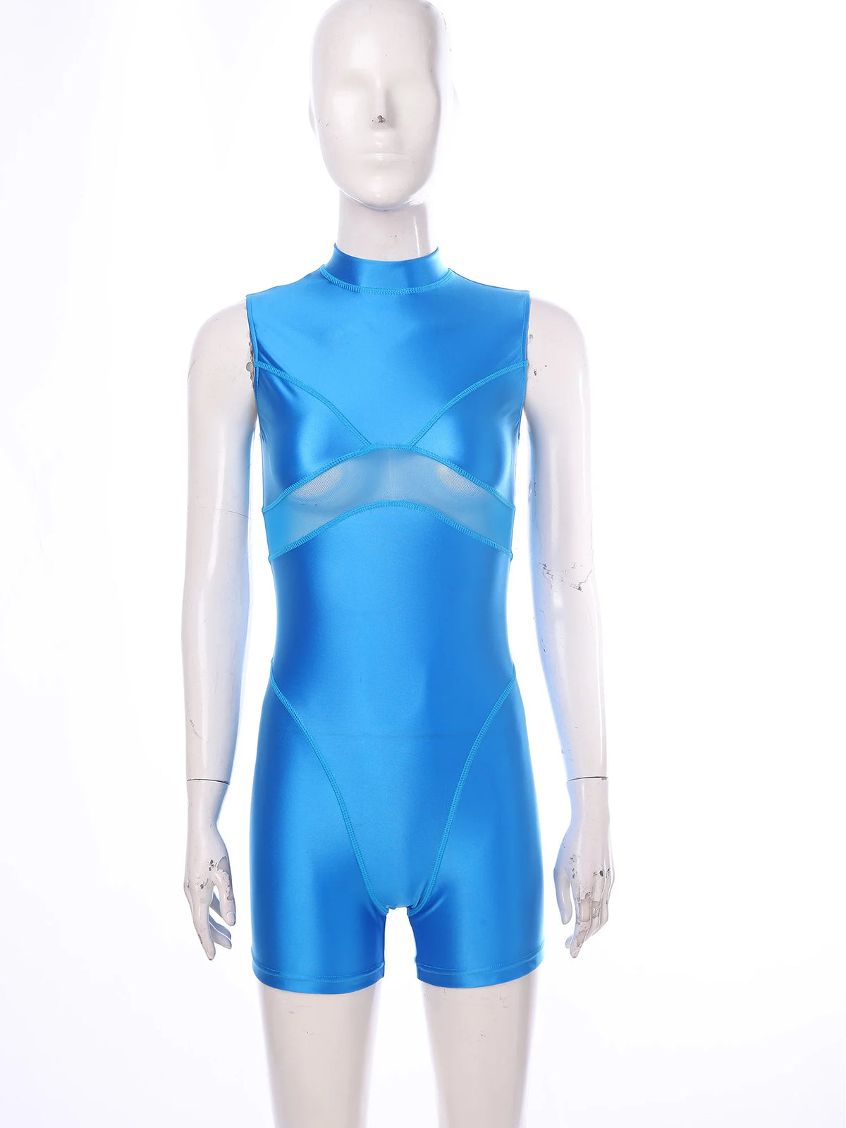 Women's Sleeveless Nylon Mesh Romper with a Mock Neck and Back Zip