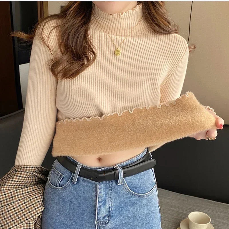 Women's Ribbed Mock Neck Flare Cuff Sweater Casual Knit Layer