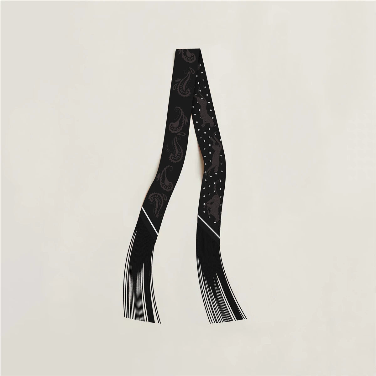 Printed Narrow Ribbon Scarf with Decorative Fringed Ends