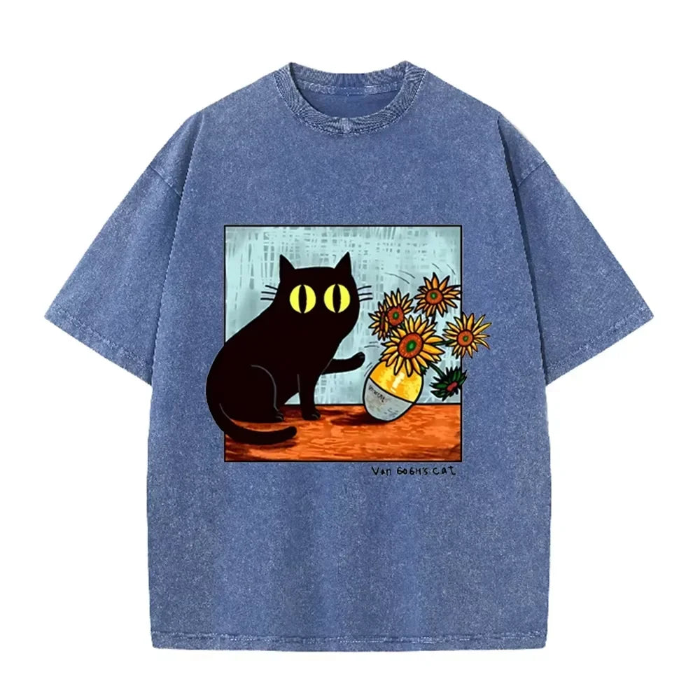Funny Art Cat  Van Gogh's Cat Print Vintage Washed Blue Casual Graphic T Shirt