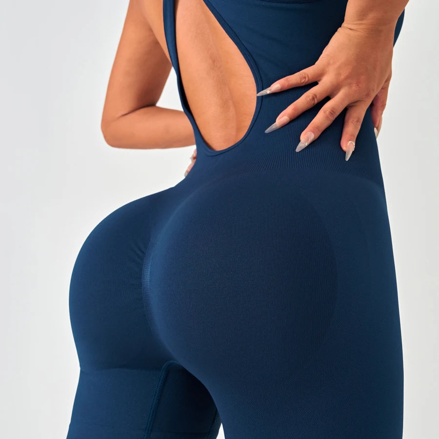 Women's Scoop Neck Nylon Blend Workout Romper with Crisscross Back Straps