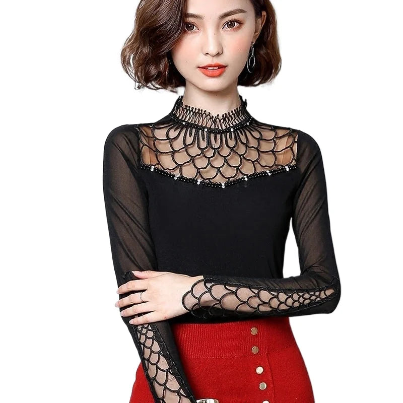 Women's Polyester Long-Sleeve High-Neck Lace Blouse with Geometric Detail for Dressy Outfits