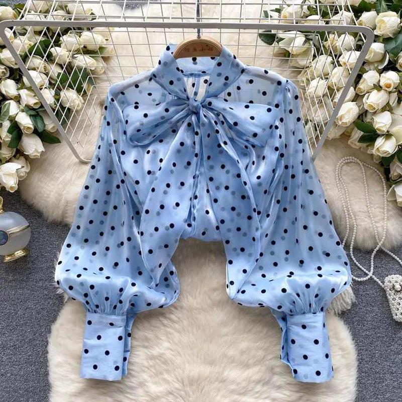 Women's Bow Neck Ruffled Long Sleeve Blouse
