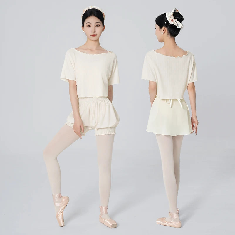 Women's Off Shoulder Cropped Ballet T-Shirt with Short Sleeve Design