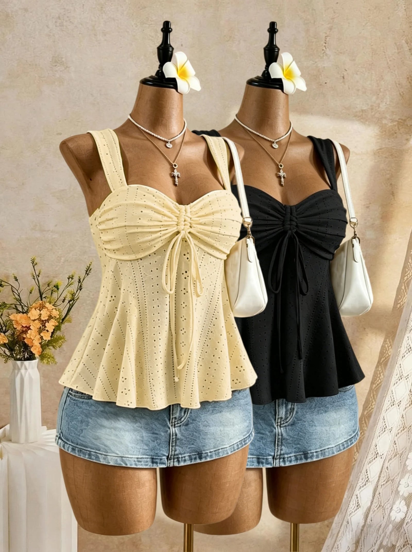Women's Ruched Polyester Blend Peplum Camisole with Sweetheart Neck and Bow