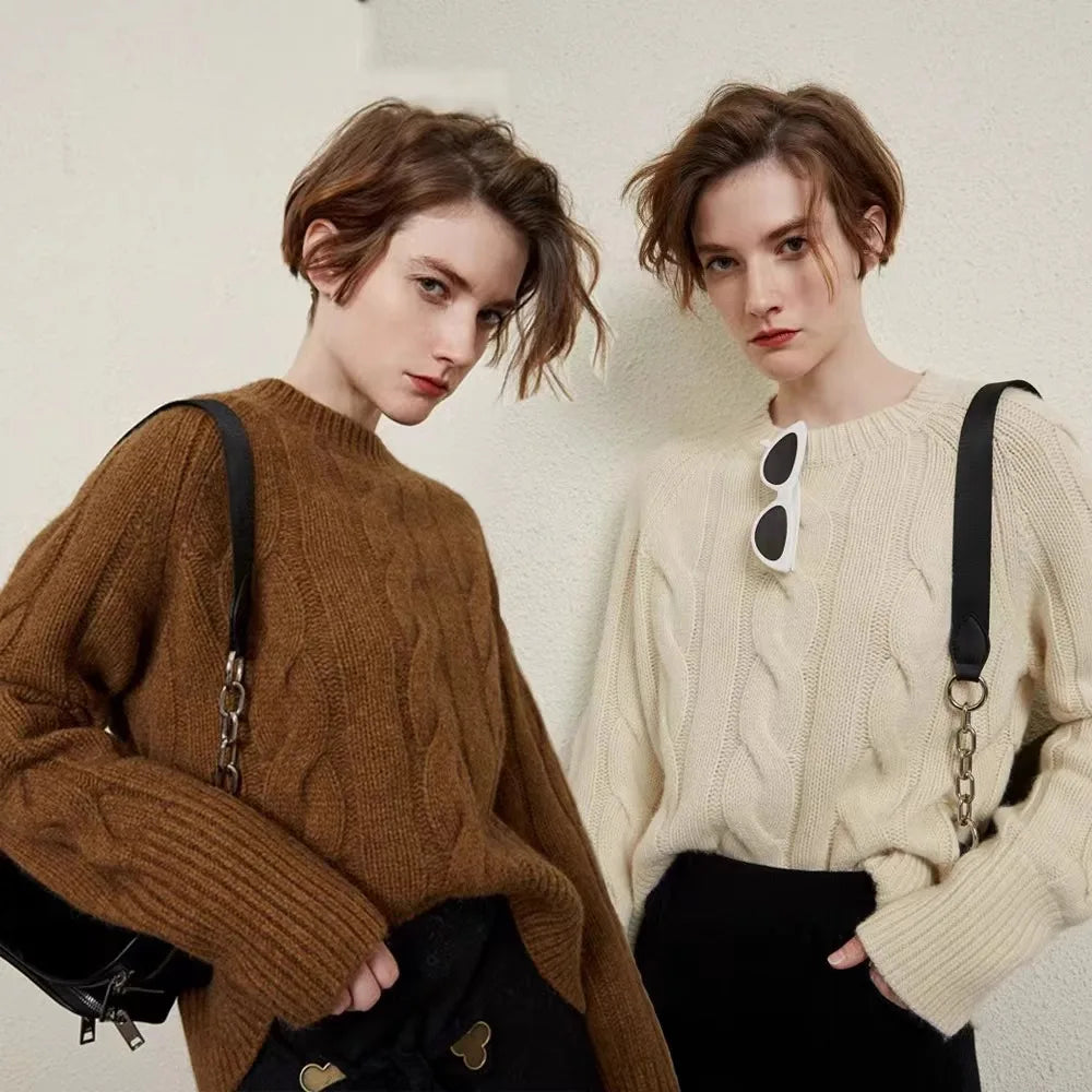 European autumn and winter cashmere sweater women's crewneck twist sweater loose cover to wear pure wool knitted bottom thick