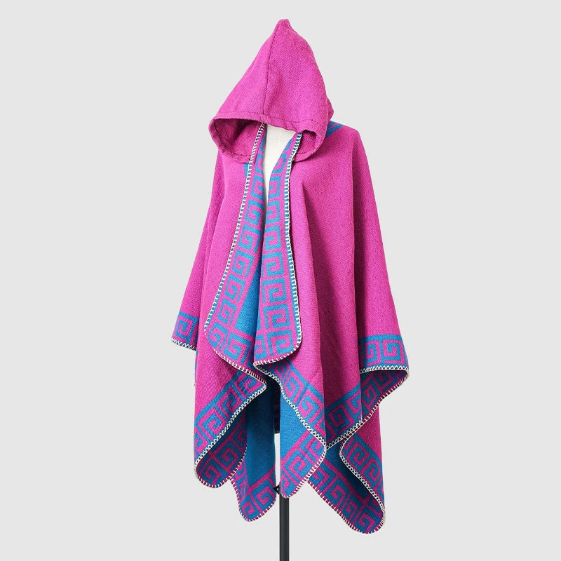 Hooded Geometric Border Poncho for Layering over Outfits